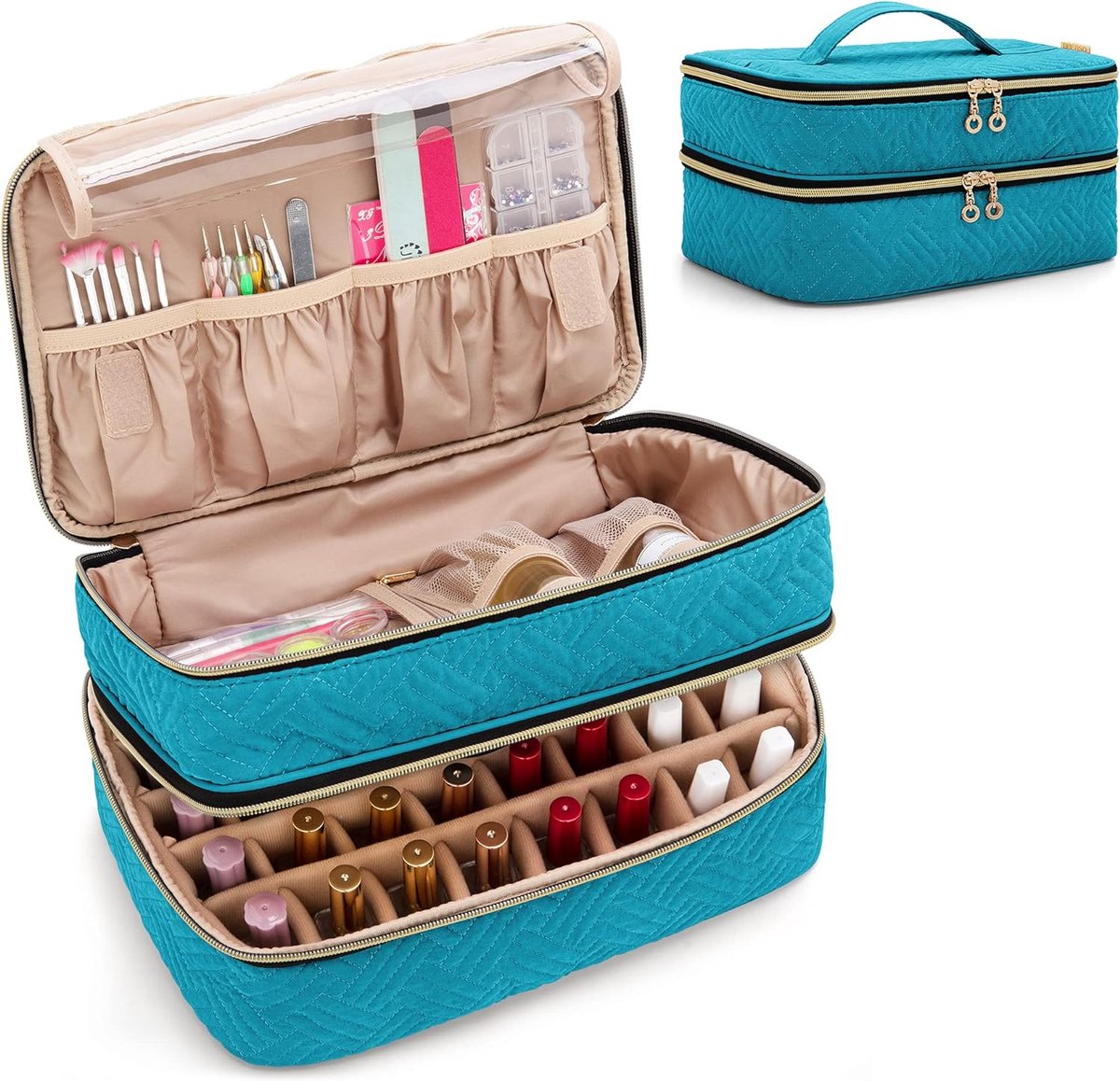 Nagellakopslag, organizer voor 40 flessen (tot 15 ml), dubbellaagse nagellaktas voor nageldesign accessoires, zonder accessoires, blauwgroen