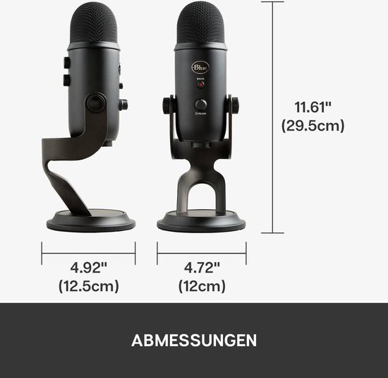 Deux microphones Yeti noirs, mesurant 4.92" (12.5cm) et 4.72" (12cm) de large, 11.61" (29.5cm) de haut.