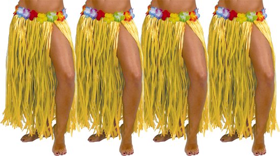 Toppers in concert - Fiestas Guirca Hawaii verkleed rokje - 4x - voor volwassenen - geel - 75 cm - hoela rok - tropisch