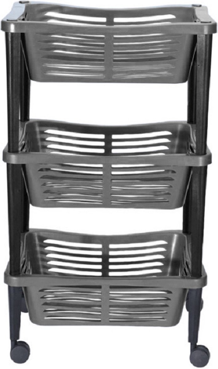 HS Collection Kunststof keuken/badkamer trolley met 3 manden - 40 x 30 x 60 cm donkergrijs