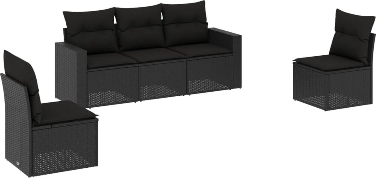 vidaXL 5-delige - Loungeset - met - kussens - poly - rattan - zwart