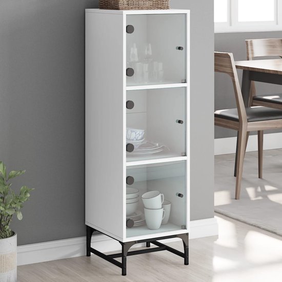 vidaXL Hoge kast met glazen deuren 35x37x142 cm grijs sonoma eiken, opbergrek, hoog opbergrek, opbergkast, hoge opbergkast, bijzetkast, wandkast