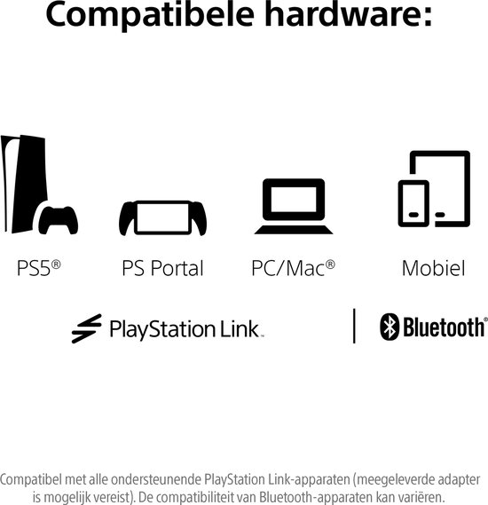 Overzicht van compatibele hardware voor de headset: PS5, PS Portal, PC/Mac, Mobiel.