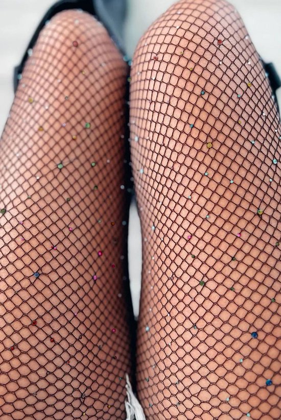 Zwart Sexy Visnet Panty's met Mulitikleurig Strass-steentjes | Sexy lingerie | Kousen & Panty's | sexy panty | visnet panty met print | jarretel panty | sexy kousen | sexy ondergoed dames | sexy kousen erotisch | panties met print | pantysokjes dames