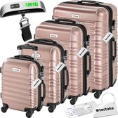 tectake®, 4-delige kofferset met harde schaal, reiskofferset met wielen, ABS, kofferset met telescopisch handvat en slot, inclusief bagageweger , trolleymaten S-M-L-XL - rosegold
