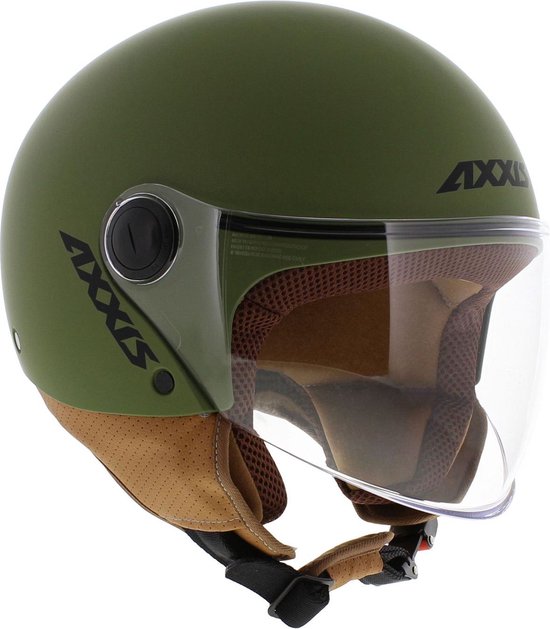 Casque AXXIS vert mat avec accents marron et visière transparente.