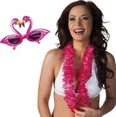 Tropische Hawaii party verkleed accessoires set - Flamingos zonnebril - bloemenkrans roze - voor dames