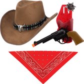 Carnaval verkleedset luxe model cowboyhoed Rodeo - bruin - hals zakdoek/revolver - voor volwassen