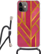Hoesje met koord Geschikt voor iPhone 12 Mini - Goud - Roze - Geometrisch - Siliconen - Crossbody - Backcover met Koord - Telefoonhoesje met koord - Hoesje met touw