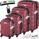 tectake®, 4-delige kofferset met harde schaal, reiskofferset met wielen, ABS, kofferset met telescopisch handvat en slot, inclusief bagageweger , trolleymaten S-M-L-XL - rood