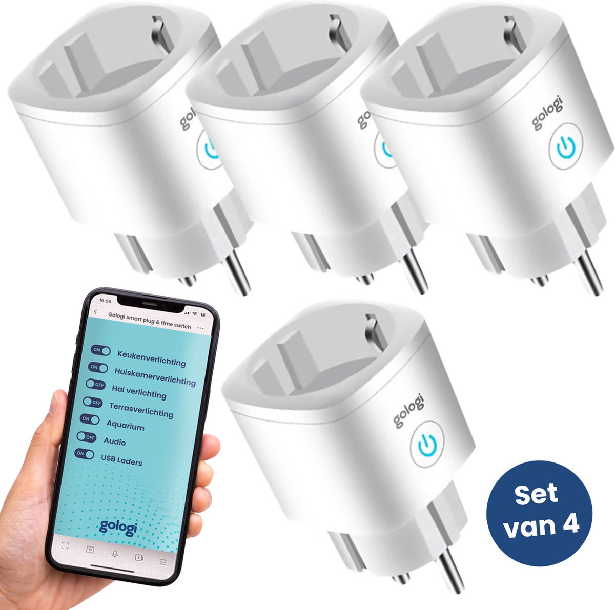 Gologi Slimme stekker - Smart plug - Tijdschakelaar & Energiemeter - - Google Home & Amazon Alexa - 4 Stuks - Wit