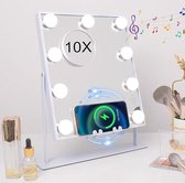 Hollywood spiegel Met Verlichting - Met Bluetooth - Draadloos Opladen - 10x ZOOM - 30x25 CM
