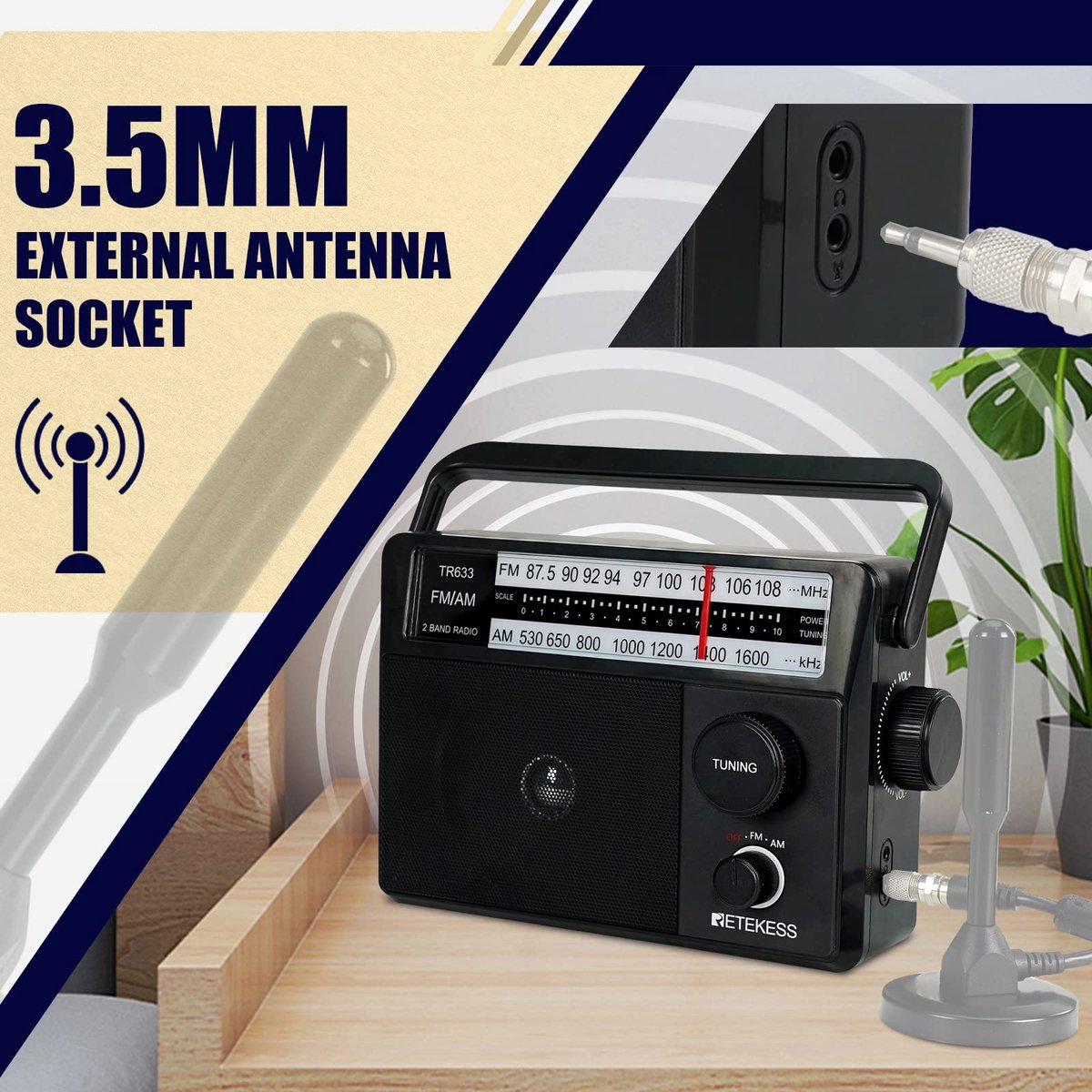 Radio Portable Retekess TR635 - FM/AM/OC - Alimentation Pile Ou Secteur - Haut-Parleur 3W - Pour Personnes Âgées - Noir