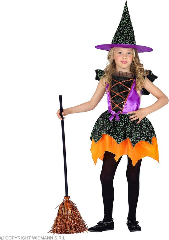 Widmann - Heks & Spider Lady & Voodoo & Duistere Religie Kostuum - Heks Van Het Pompoenenbos - Meisje - Groen, Oranje - Maat 158 - Halloween - Verkleedkleding