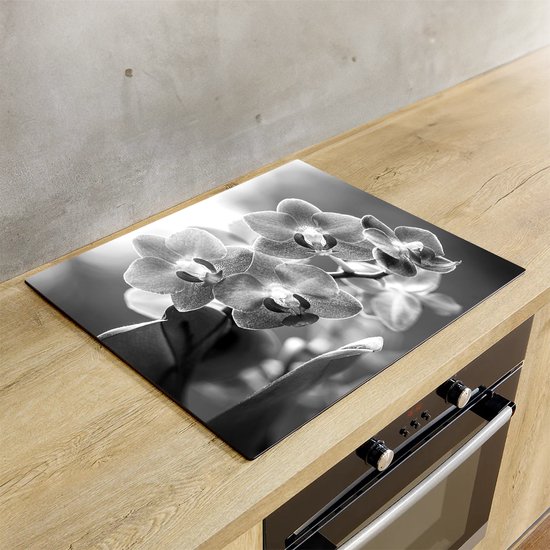 Chefcare Inductie Beschermer Roze Orchidee Bloemen - Zwart Wit - 80x50 cm - Afdekplaat Inductie - Kookplaat Beschermer - Inductie Mat