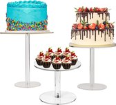 Taartstandaard, taartstandaard van acryl, set van 3, ronde, doorzichtige taartstandaard voor desserttafel, displayset, cupcake-standaard, dessert, cupcake, gebak, snoepdisplay, riser voor