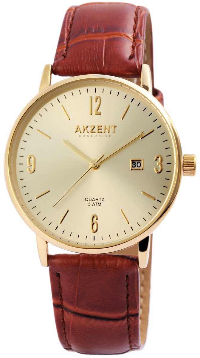 Akzent-Heren horloge-Analoog-Datumaanduiding-Rond-40MM-Goudkleurig-Bruin lederen band.