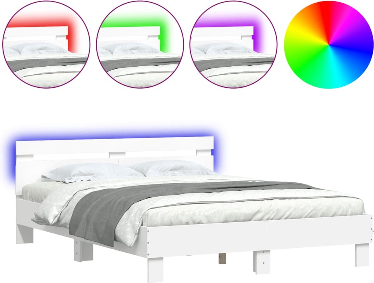 vidaXL - Bedframe - met - hoofdeinde - en - LED - wit - 150x200 - cm