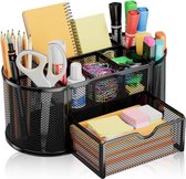 Bureau-organizer, zwart, mesh, metaal, bureau-organizer met lade en penhouder, pennenhouder, bureau voor pennen, nietjes, mapklemmen, zelfklevende notities