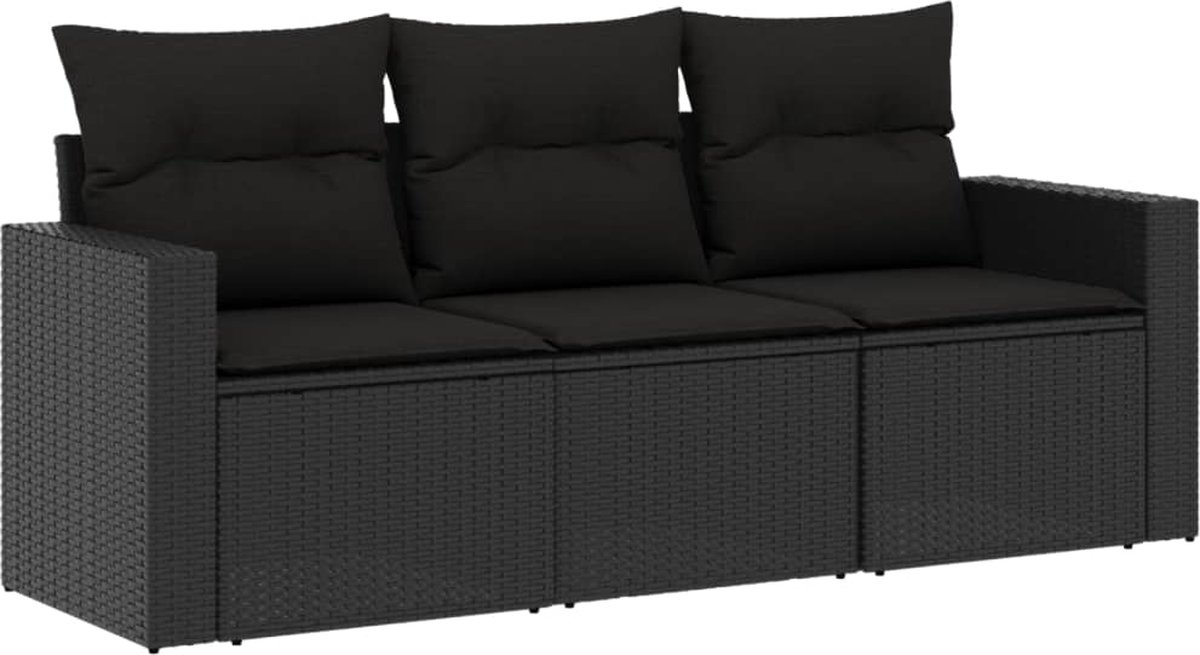 vidaXL 3-delige - Loungeset - met - kussens - poly - rattan - zwart