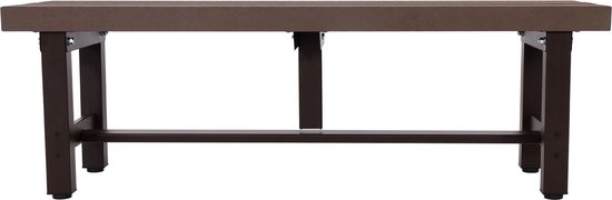 Bruine tuinbank van kunststof met een donker metalen frame, van de achterkant.