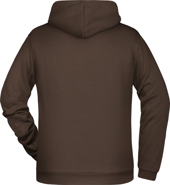 Achterkant van een effen bruine hoodie met capuchon.