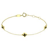 Lucardi Dames 14 Karaat geelgouden armband met 3 onyx bloemen - Armband - 14 Karaat Goud - Geelgoud - 19 cm