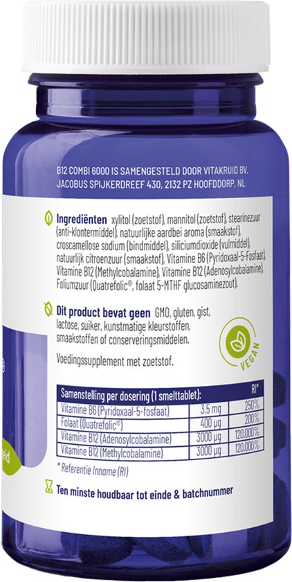 Blauwe pot met witte dop, label met ingrediënten en samenstelling per dosering.