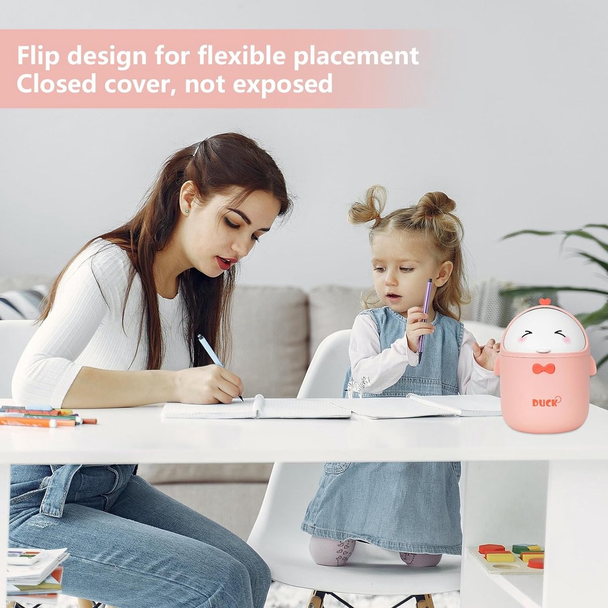 Mini Poubelle De Table Avec Couvercle - Design Mignon Petit Poulet, Plastique Blanc, Pour Comptoir, Salle De Bain, Chambre - 12