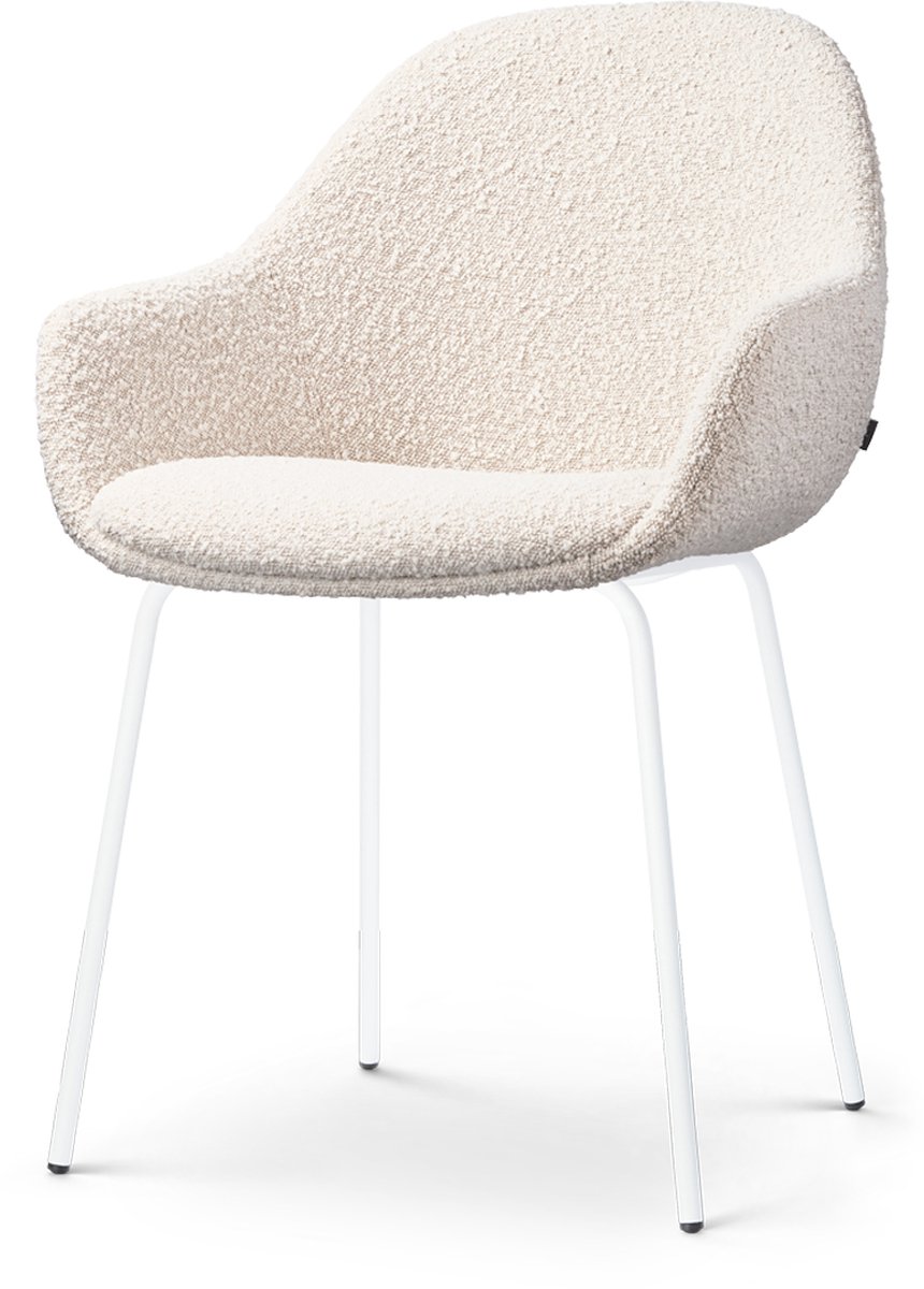 Nolon Nora-Mae Eetkamerstoel Bouclé Beige - met Armleuning - Stof - Wit Onderstel - Design - Scandinavisch - Comfortabel Bouclé - Beige - Wit onderstel