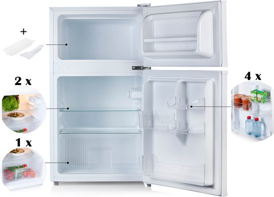 Witte koelkast met vriesvak, met accessoires: ijsblokjesvorm, schep, 2x groentelades, 4x deurvakken.