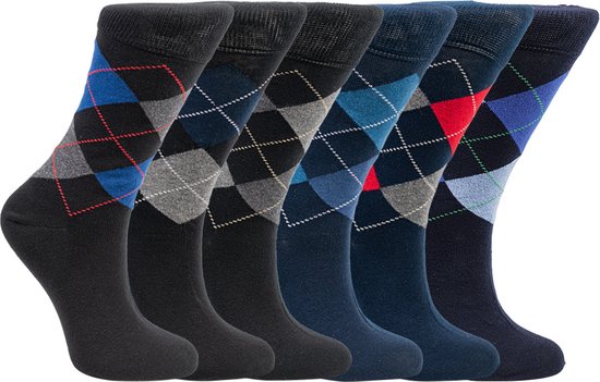 Heren Sokken met ruit | 6 paar | Kleur: Blauw Zwart | Maat: 40-46 | Merk: Naft