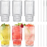 6 stuks geribbeld glaswerk, drinkglazen, 310 ml, helder kristalglas, set met glazen rietjes, origami-stijl, geribbeld glaswerk voor cocktails, whisky, sap, water.