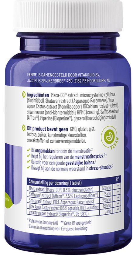 Fles met 90 tabletten, paarse fles met witte dop. Label met "Femme", ingrediënten en samenstelling per dosering.