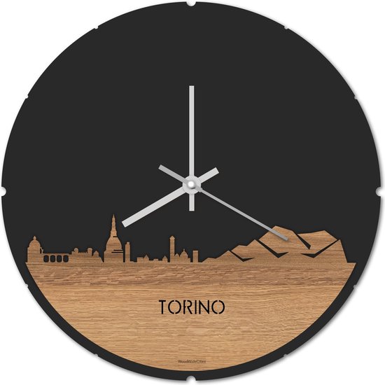 Skyline Klok Rond Torino Eikenhout - Ø 44 cm - Stil uurwerk - Wanddecoratie - Meer steden beschikbaar - Woonkamer idee - Woondecoratie - City Art - Steden kunst - Cadeau voor hem - Cadeau voor haar - Jubileum - Trouwerij - Housewarming -