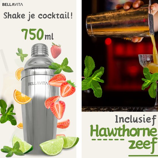 BELLAVITA ® Cocktail Set - 16-delig - 750ml - Cocktail shaker - Cocktailset - Cocktailshaker - Bartender set - Maatbeker - RVS - Bamboe - Drank - Drankjes maken - Feest