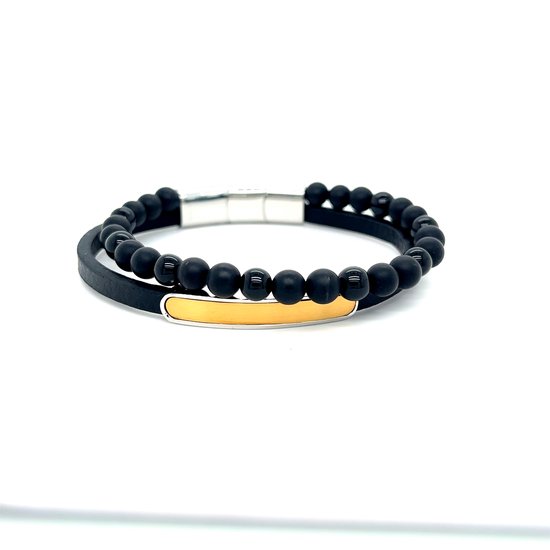 Heren armband - Armband Leer - Kralen Armband - Zwart met Goud - Armband met magnetische sluiting - Stainless steel - Valentijn cadeautje voor hem