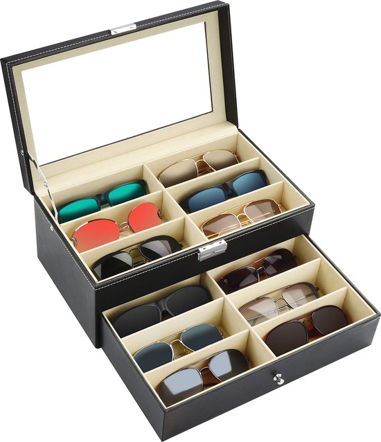 Kurtzy Faux Lederen Zonnebrillen Organizer Doos - 8 Sleuven Voor Brillen Afsluitbare Zwarte Display Opslag Collectie Kast Voor Zonnebrillen Brillen Oogmode Sieraden Horloges Voor