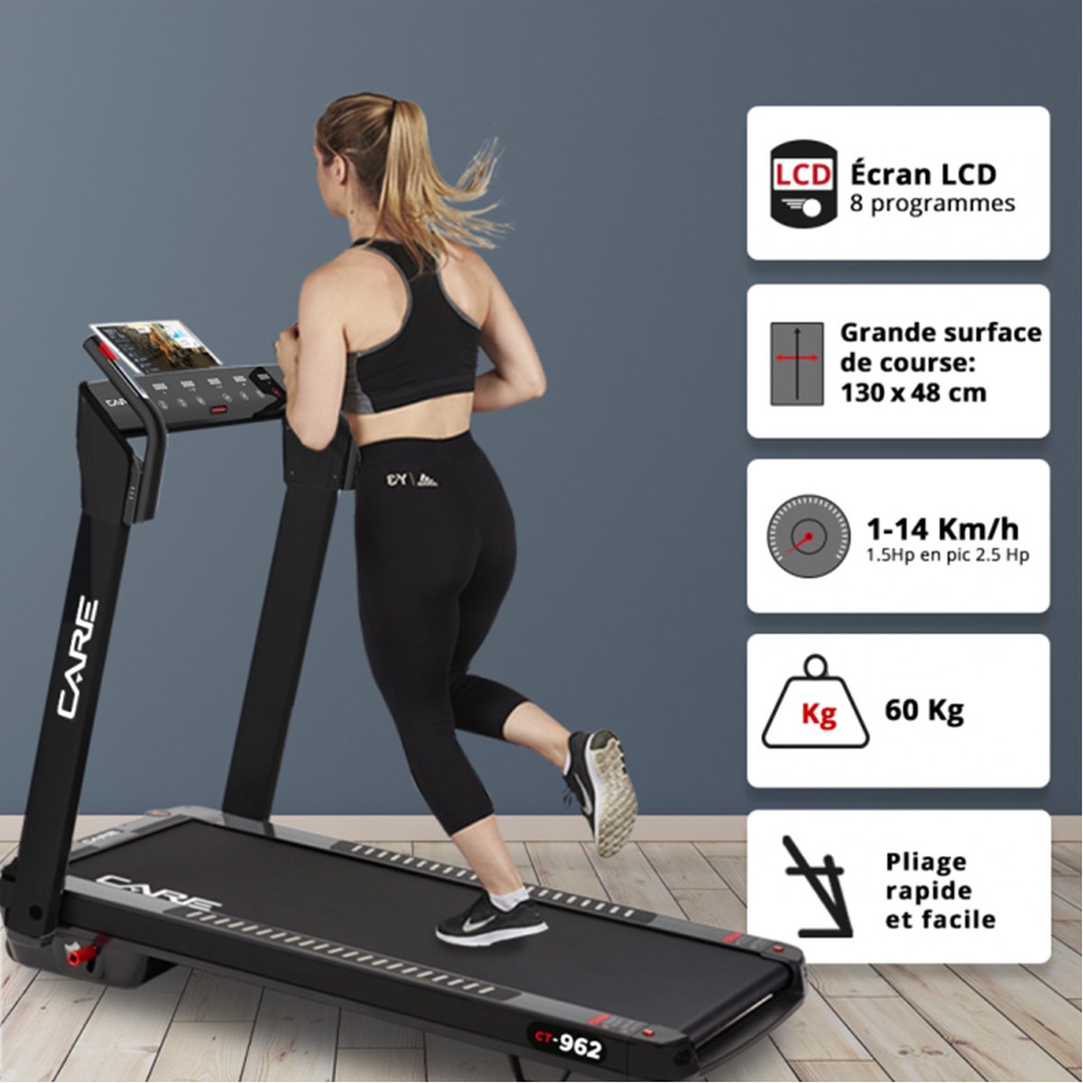 CARE CT-962 - Connected loopband - Maximale snelheid 14 km/u - 8 programma’s - Opvouwbaar - Gemotoriseerde helling tot max. 9% - Voor thuisgebruik - Zwart thumbnail 5