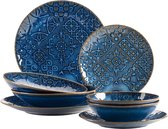 Série Tiles Modern Vintage Service de table pour 2 personnes au design maurien, vaisselle 8 pièces avec assiettes et bols en céramique de haute qualité, faïence, bleu