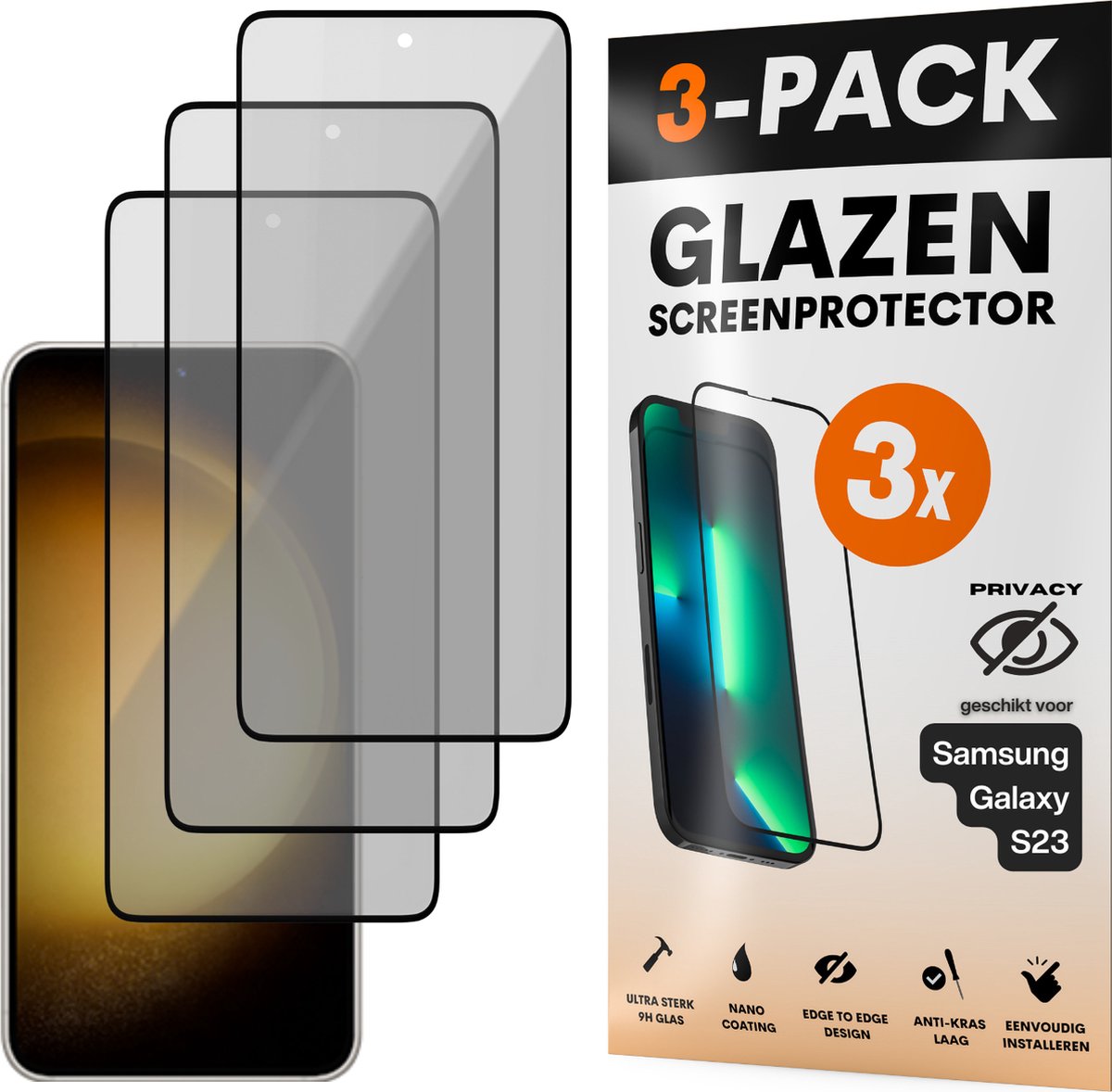 Privacy Screenprotector - Geschikt voor Samsung Galaxy S23 - Gehard Glas - Full Cover Tempered Privacy Glass - Case Friendly - 3 Pack