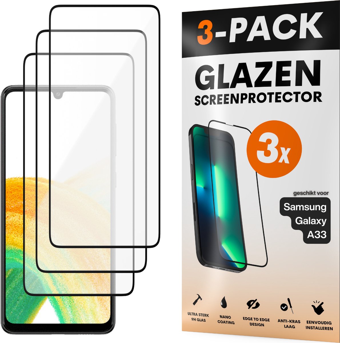 Screenprotector - Geschikt voor Samsung Galaxy A33 - Gehard Glas - Full Cover Tempered Glass - Case Friendly - 3 Pack