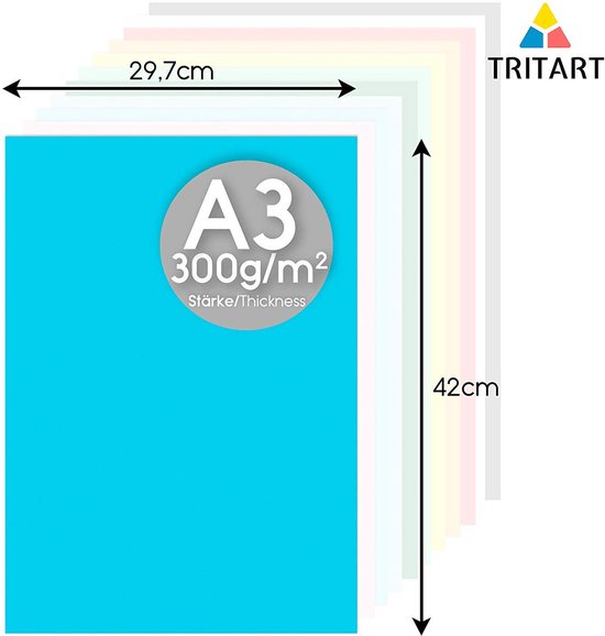 Tritart gekleurd karton A3 300 g/m² - 36 vellen A3 papier - Volledig gekleurd tekenpapier om te knutselen - Karton in 12 kleuren - Knutselkarton - Tritart