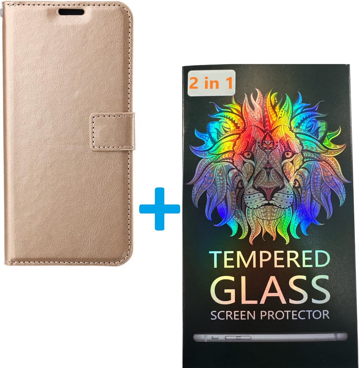 Portemonnee Bookcase Hoesje + 2 Pack Glas Geschikt voor: Motorola Moto E32 / E32s - Goud