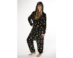 foto van KIMU Onesie Maan Zon Sterren Pak - Maat 152-158 - Sterrenpak Kostuum Zwart - Huispak Fleece Maantjes Pyjama Zonnetjes Sterretjes Kinderen Sinterklaas Kado