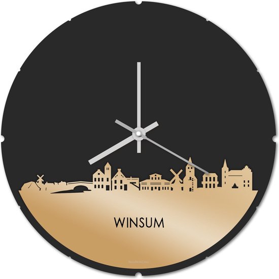 Skyline Klok Rond Winsum Goud Metallic - Ø 44 cm - Stil uurwerk - Wanddecoratie - Meer steden beschikbaar - Woonkamer idee - Woondecoratie - City Art - Steden kunst - Cadeau voor hem - Cadeau voor haar - Jubileum - Trouwerij - Housewarming -