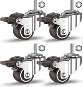 GBL Heavy Duty Swivel Casters with 4 Brakes + Bolts - 25mm M8 x 20mm Up to 40kg - Pack of 4 No Floor Marks Silent Caster for Furniture - Small Rubberized Trolley Wheels - Silver Casters