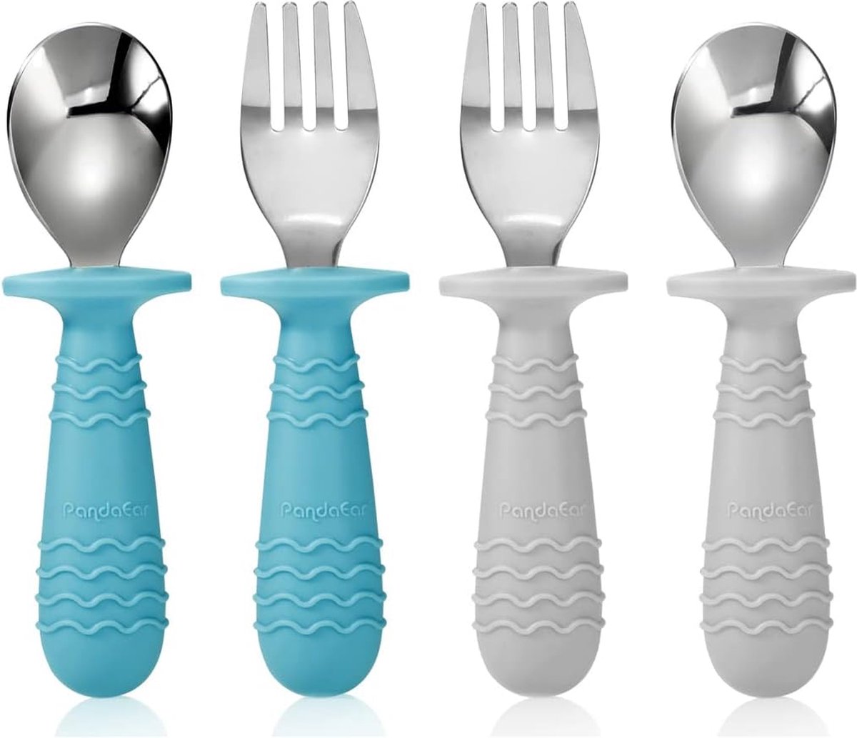 Premium 4 Set Baby Peuter Siliconen Roestvrij Staal Gebruiksvoorwerpen Zilverwerk Lepel Vork voor Baby Peuter BPA Vrij met Siliconen Holding Anti-Choke Ontwerp (Blauw & Grijs)