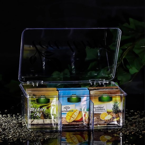Clayre & Eef Theedoos 9 Vakken 32x26x9 Cm Beige MDF Glas Rechthoek Bloemen Theekist Thee Doos Theebox