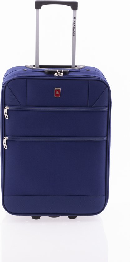 Blauwe koffer met trolley-handgreep, een cijferslot en twee vakken aan de voorkant.